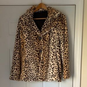 collared Leopard Print Faux Fur Coat